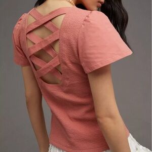 NEW Anthropologie Lace Up Back Flutter Top Coral Size Small